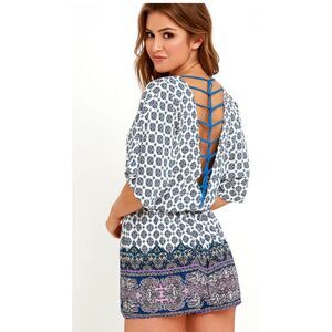 Lulus Bright Alright Ivory Blue Print Romper Surplice Bodice Open Back Sz XL